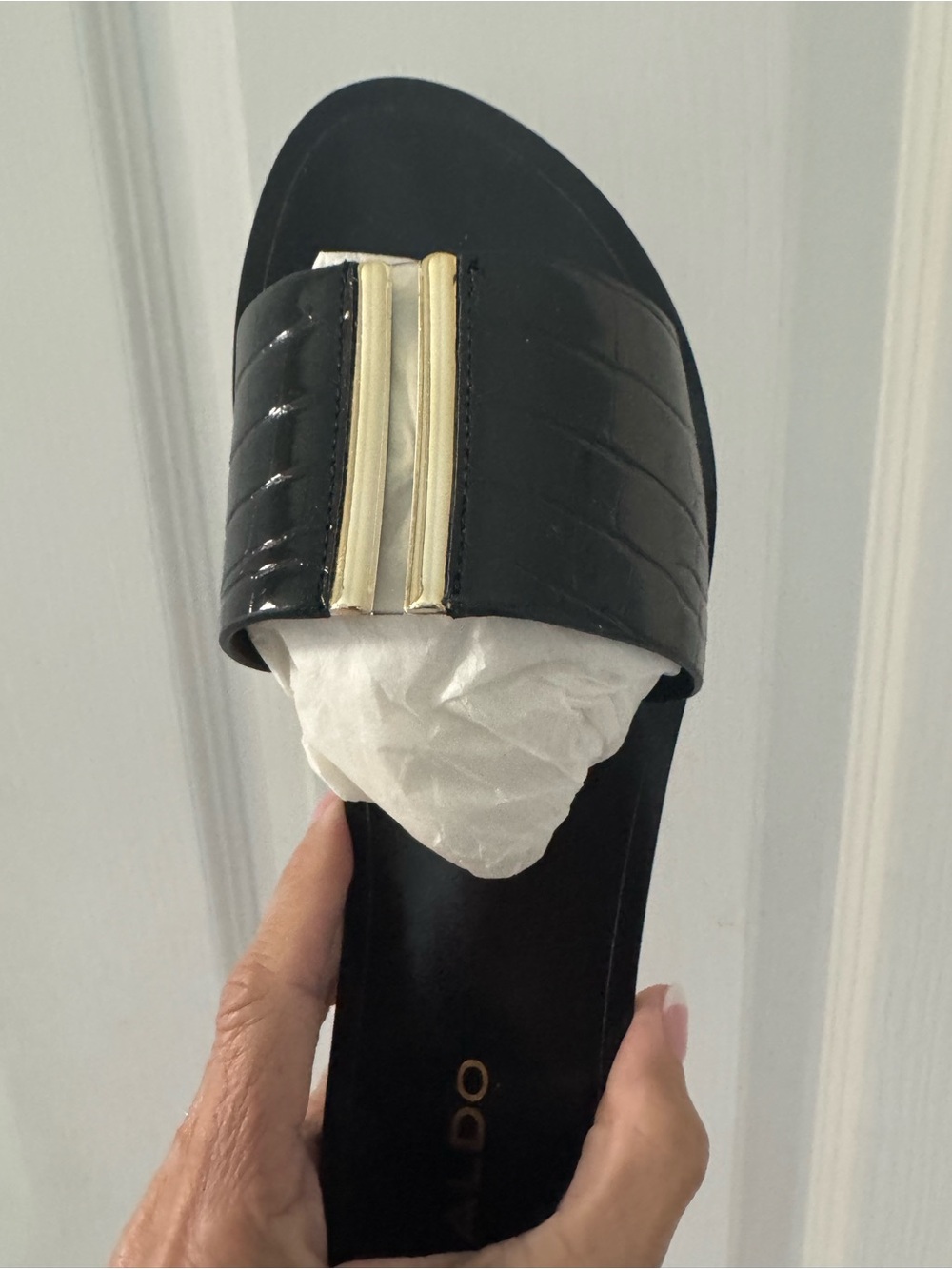 Aldo Black Slide Sandal with Gold Detail